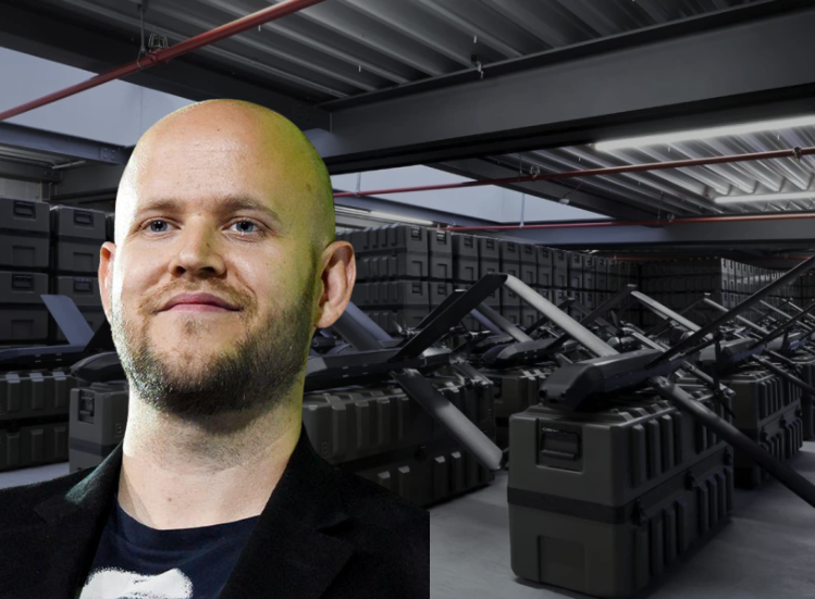 Daniel Ek, CEO de Spotify. De fondo, drones de ataque diseñados por Helsing.