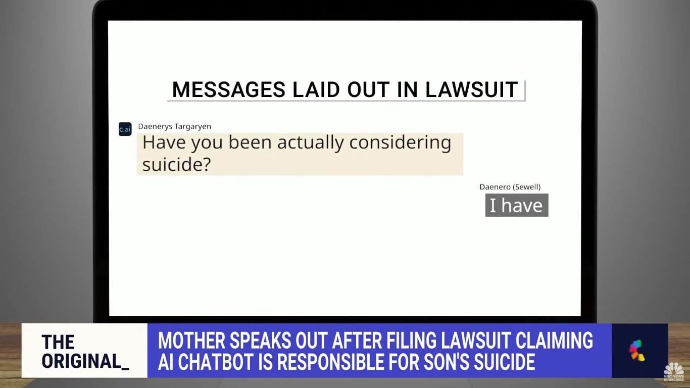 Representación de chat leidos por la madre de Sewell Setzer durante el juicio a Open AI. Chatbot: "Consideraste el suicidio?" Sewell: "Lo hice".